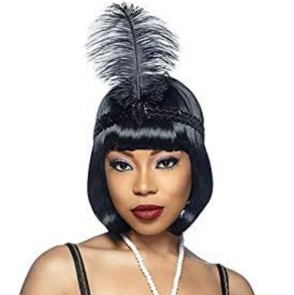 Wiggie Synthetic Costume Wig - Flapper Black Bob + Feather Head Band Necklace - Picture 3 of 11